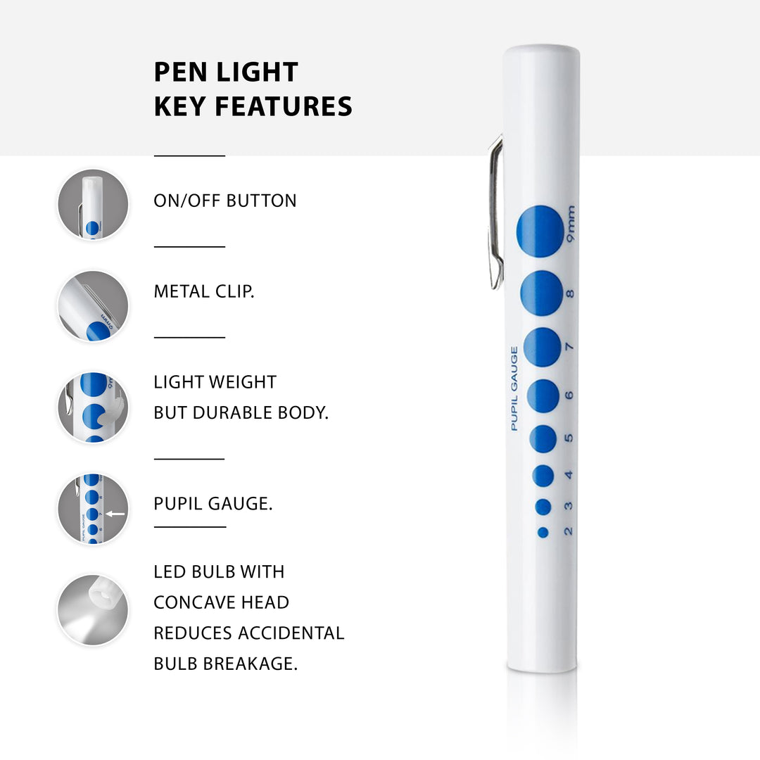 An infographic titled "PEN LIGHT KEY FEATURES." It displays the full pen light alongside circular zoom-in images highlighting the on/off button, metal clip, durable body, pupil gauge, and the concave LED bulb head designed to reduce breakage.