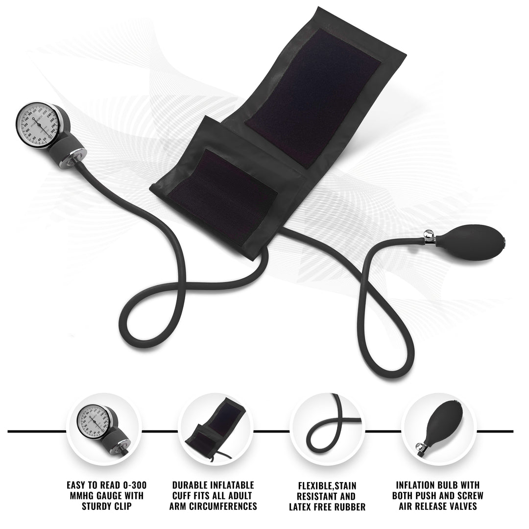 A black blood pressure cuff laid flat, with text highlighting its easy-to-read 0-300 mmHg gauge, a durable inflatable cuff for all adult arm circumferences, flexible latex-free rubber tubing, and an inflation bulb with both push and screw air release valves.