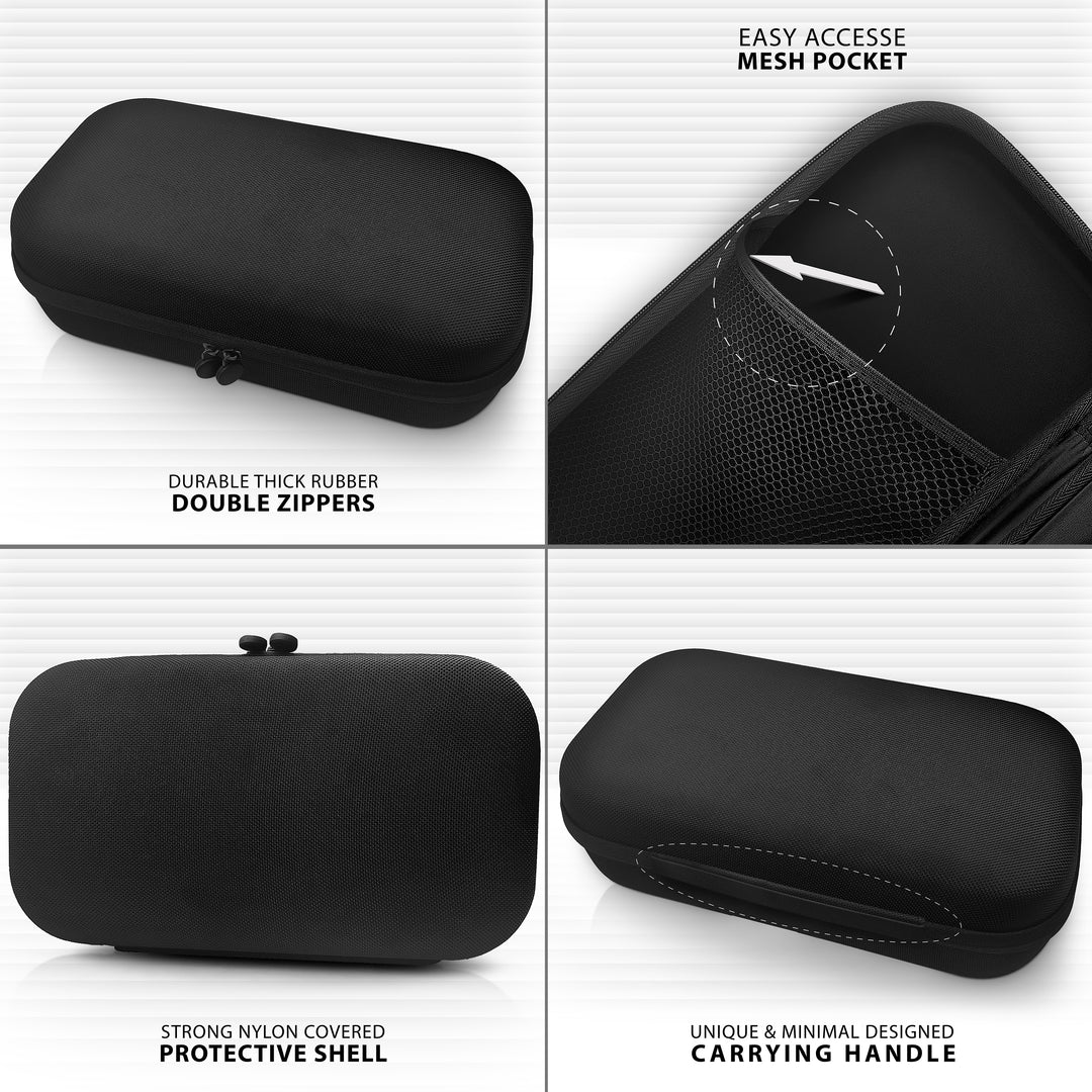 Infographic detailing the features of a black medical carrying case, highlighting double zippers, mesh pocket, protective shell, and handle.