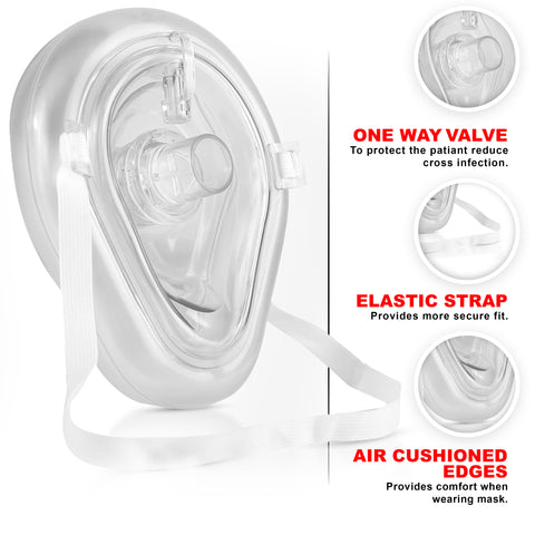 A detailed product shot of the clear CPR mask with a white elastic strap. Three circular insets on the right highlight specific features: the "One Way Valve" to reduce cross-infection, the "Elastic Strap" for a secure fit, and "Air Cushioned Edges" for comfort.