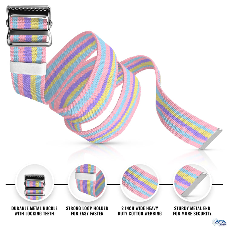 A detailed product infographic of the coiled pastel colors gait belt. Four circular insets at the bottom highlight key features: "DURABLE METAL BUCKLE WITH LOCKING TEETH," "STRONG LOOP HOLDER FOR EASY FASTEN," "2 INCH WIDE HEAVY DUTY COTTON WEBBING," and "STURDY METAL END FOR MORE SECURITY."