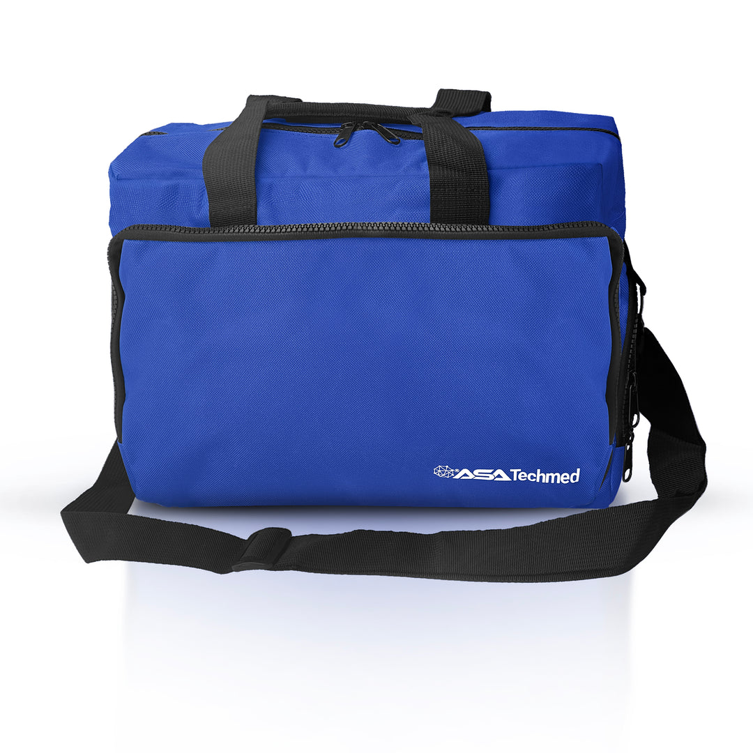 A front-facing view of a blue medical bag, clearly showing the white Star of Life emblem on the top flap and the dual-zipper closure system for the main compartment.