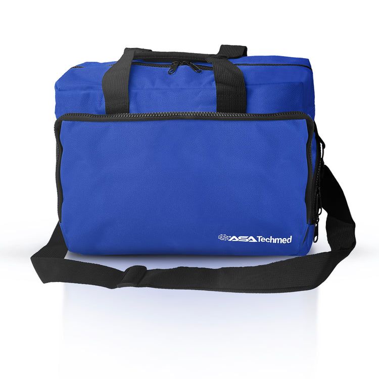 A front-facing view of a blue medical bag, clearly showing the white Star of Life emblem on the top flap and the dual-zipper closure system for the main compartment.