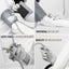 Collage of a Gray and white medical device with text highlighting features like 'universal nylon cuff' and 'latex free'.