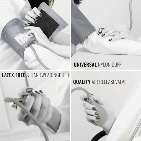 Collage of a Gray and white medical device with text highlighting features like 'universal nylon cuff' and 'latex free'.