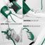 Collage of a Green and white medical device with text highlighting features like 'universal nylon cuff' and 'latex free'.
