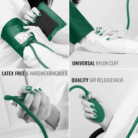 Collage of a Green and white medical device with text highlighting features like 'universal nylon cuff' and 'latex free'.