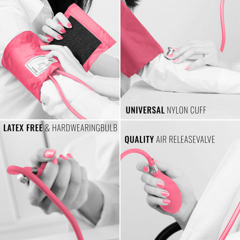 Collage of a pink and white medical device with text highlighting features like 'universal nylon cuff' and 'latex free'.
