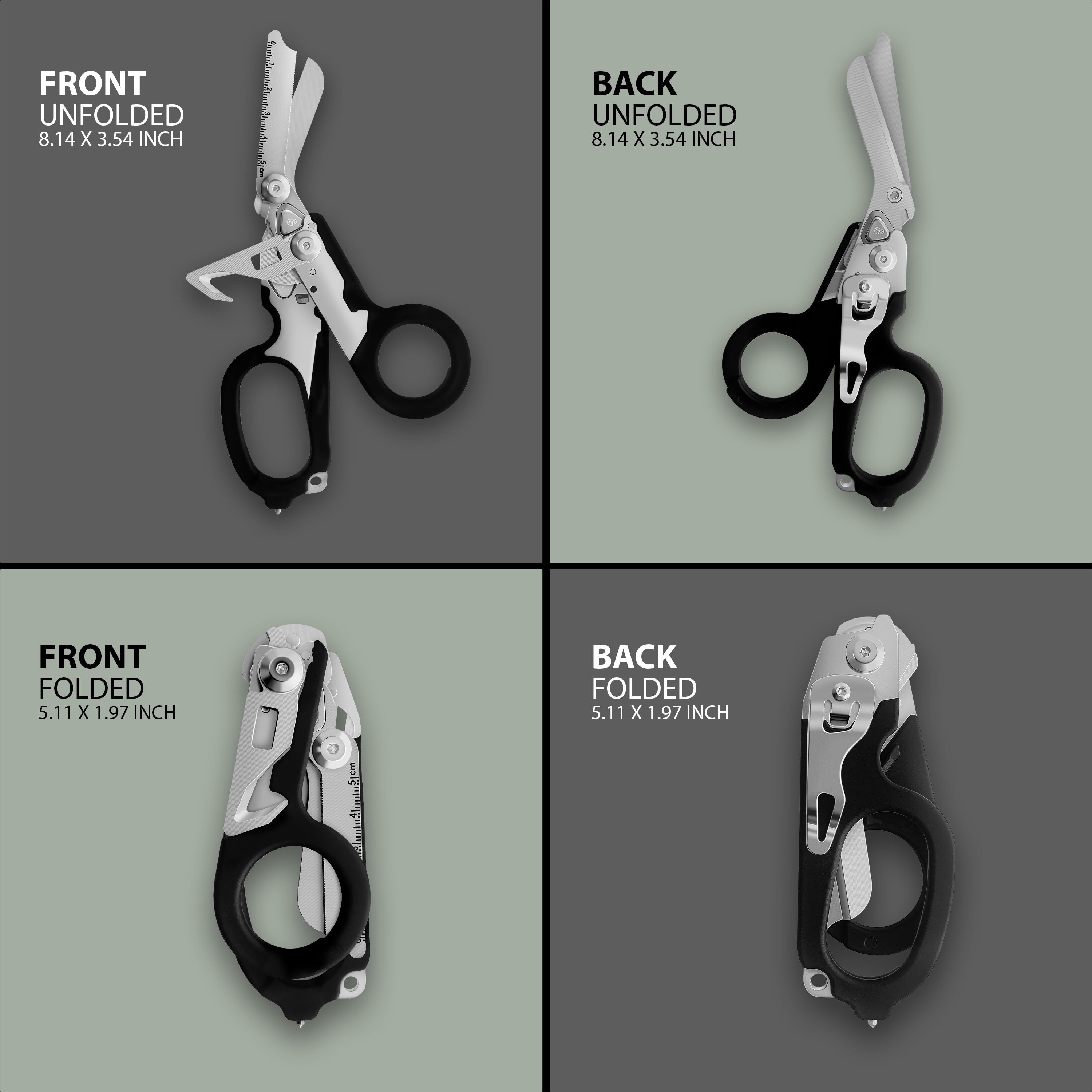 Dimension guide showing shears unfolded (8.14 x 3.54 in) and folded (5.11 x 1.97 in).
