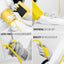 Collage of a Yellow and white medical device with text highlighting features like 'universal nylon cuff' and 'latex free'.