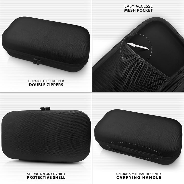 Infographic detailing the features of a black medical carrying case, highlighting double zippers, mesh pocket, protective shell, and handle.