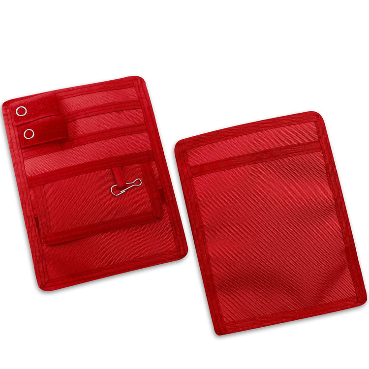  Two Red fabric pouches displayed against a clean white background, showcasing both the front and back views for a clear look at design and detailing