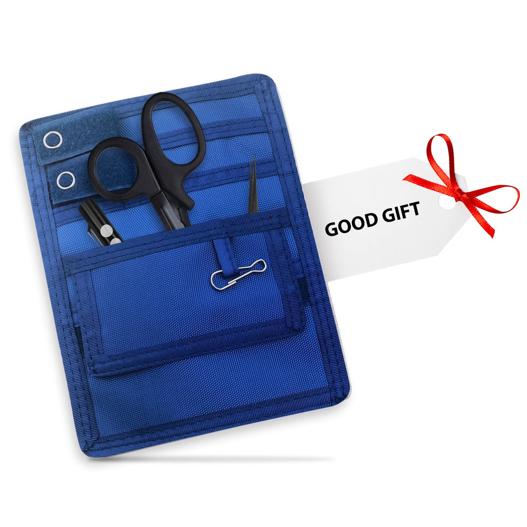 Blue tool pouch with scissors, pliers, and a clip, accompanied by a 'Good Gift' tag.