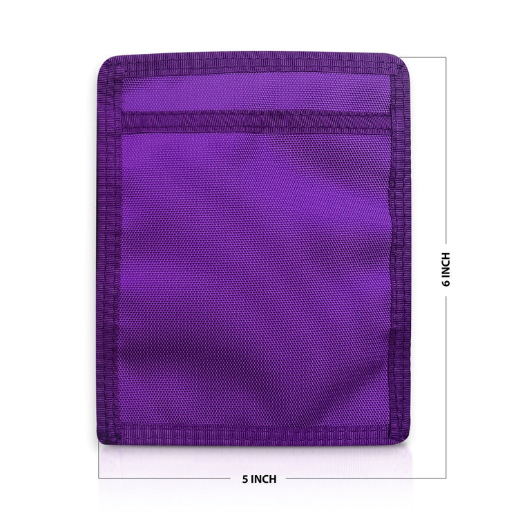 Purple pouch with mesh pocket and measurements on a white background