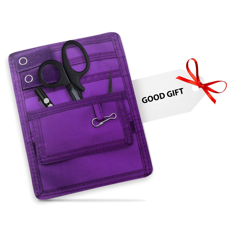 Purple tool pouch with scissors, pliers, and a clip, accompanied by a 'Good Gift' tag.