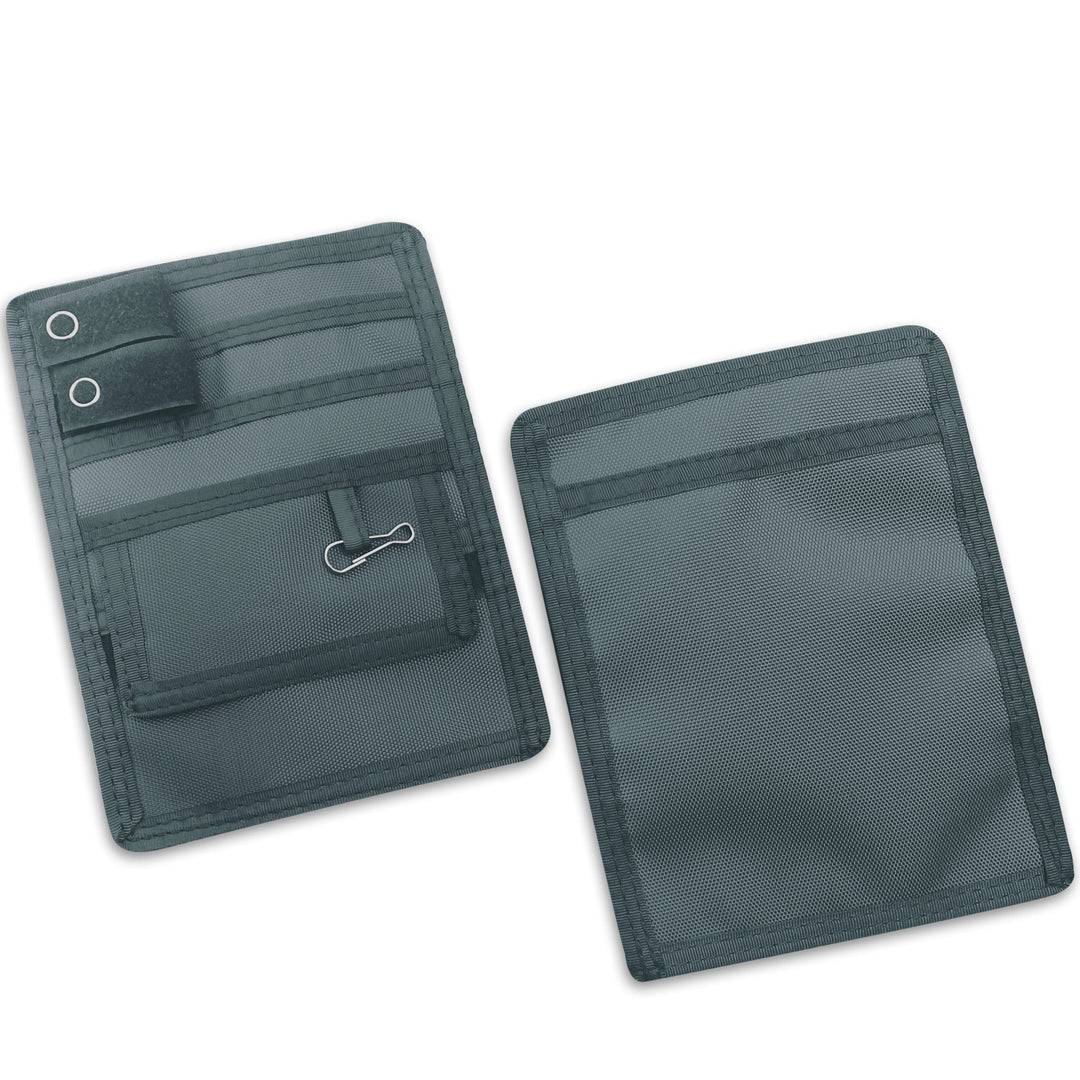 Two Gray fabric pouches displayed against a clean white background, showcasing both the front and back views for a clear look at design and detailing.