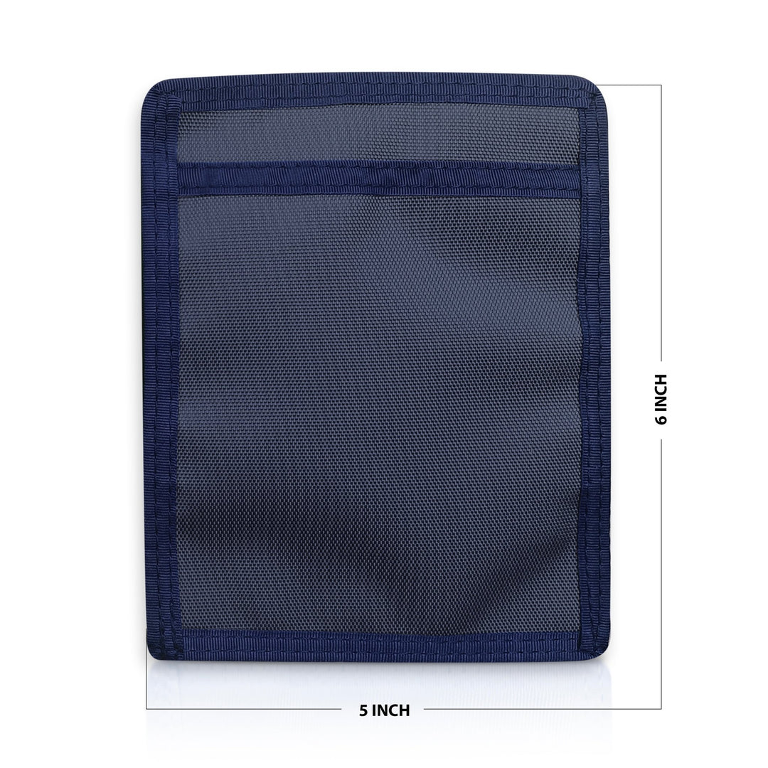 Navy Blue pouch with mesh pocket and measurements on a white background
