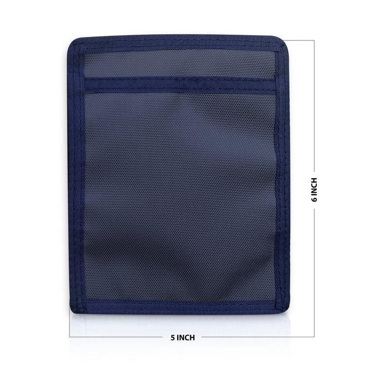 Navy Blue pouch with mesh pocket and measurements on a white background
