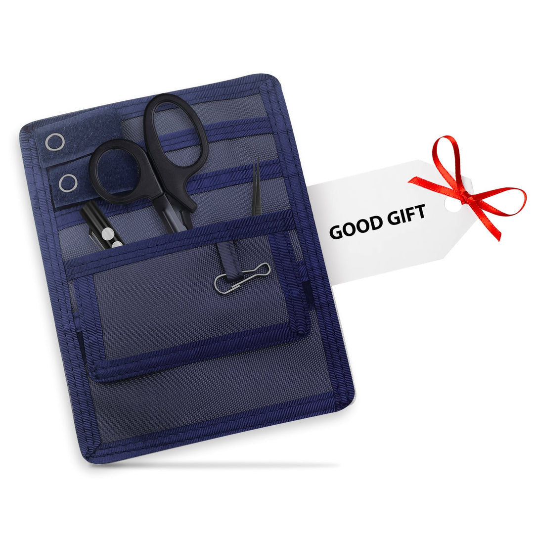 Navy Blue tool pouch with scissors, pliers, and a clip, accompanied by a 'Good Gift' tag.
