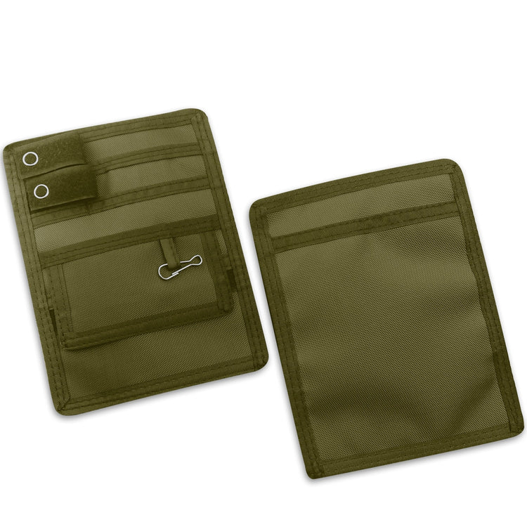 Two Olive Green fabric pouches displayed against a clean white background, showcasing both the front and back views for a clear look at design and detailing.