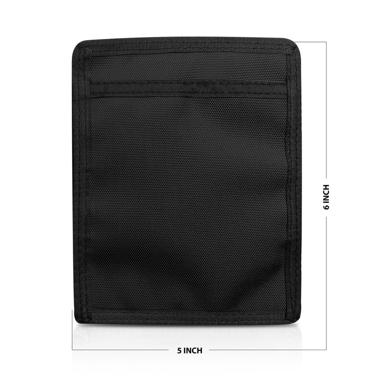 Black pouch with mesh pocket and measurements on a white background