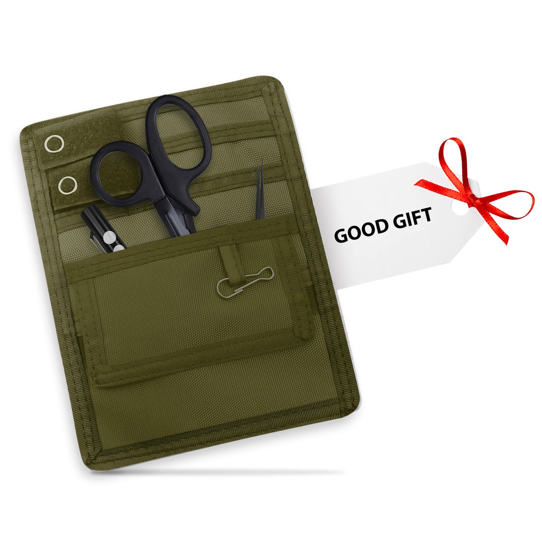 Olive Green tool pouch with scissors, pliers, and a clip, accompanied by a 'Good Gift' tag.