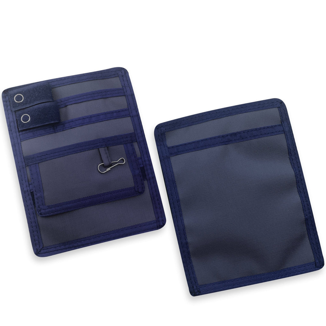 Two Navy Blue fabric pouches displayed against a clean white background, showcasing both the front and back views for a clear look at design and detailing.