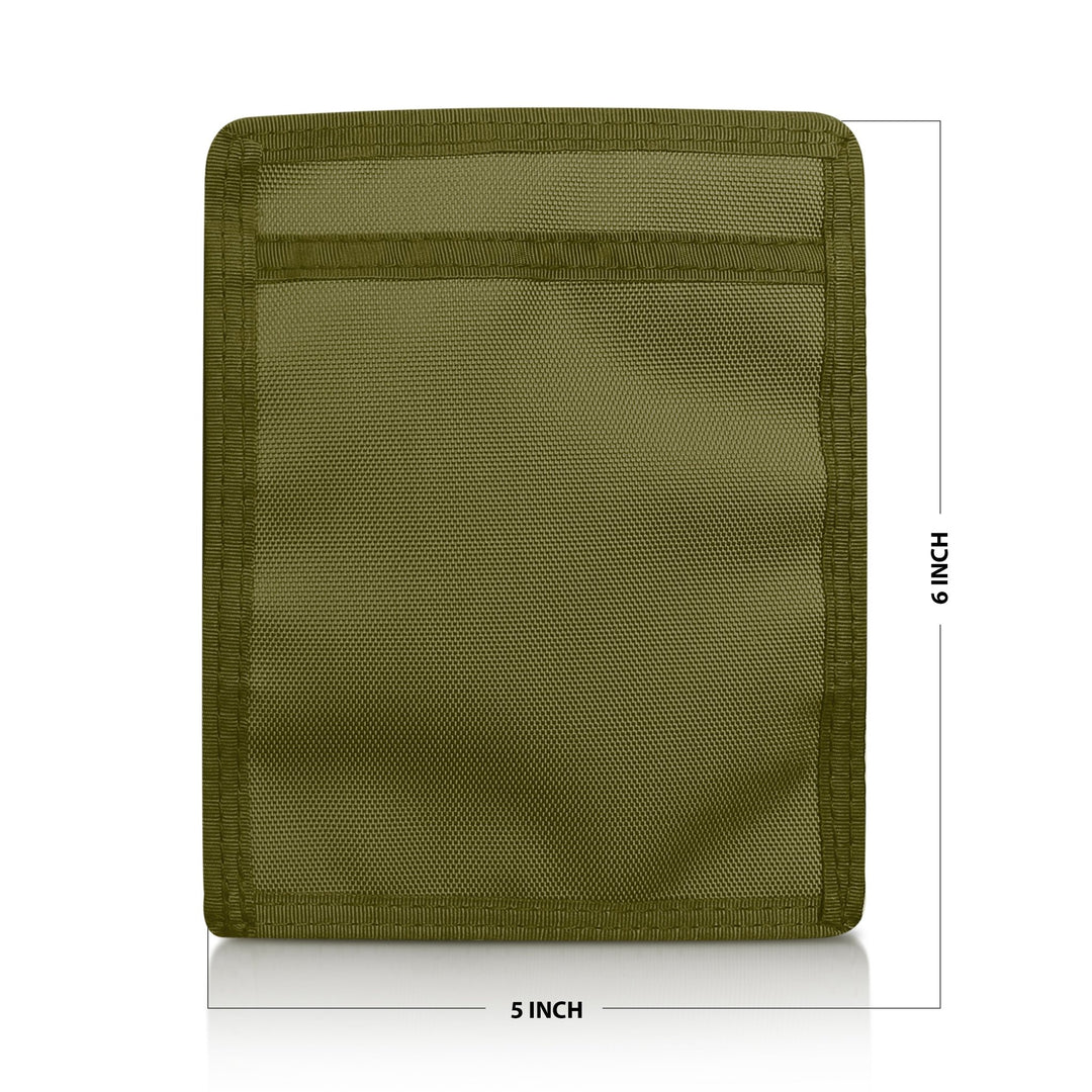 Olive Green pouch with mesh pocket and measurements on a white background