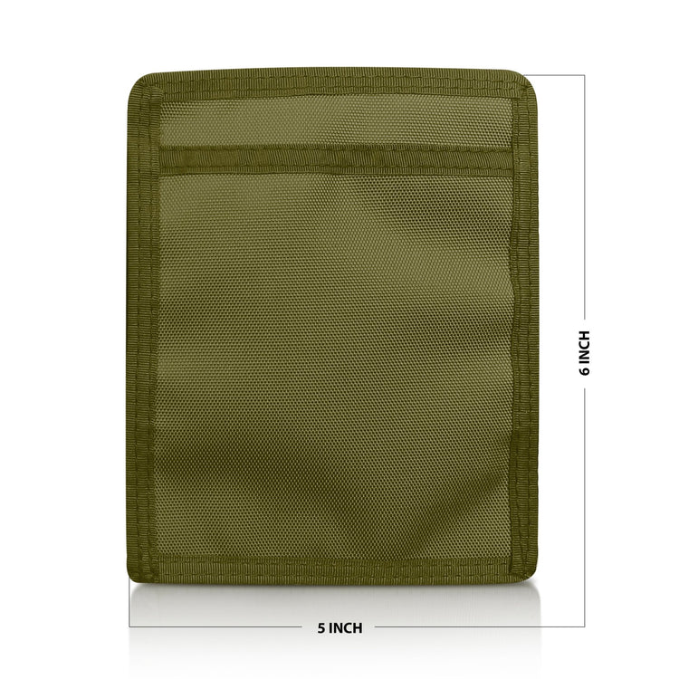 Olive Green pouch with mesh pocket and measurements on a white background