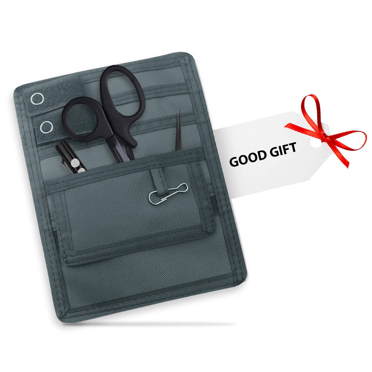 Gray tool pouch with scissors, pliers, and a clip, accompanied by a 'Good Gift' tag.