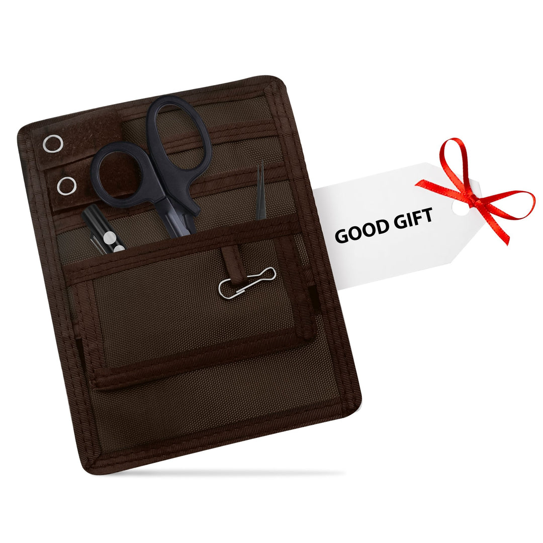 Brown tool pouch with scissors, pliers, and a clip, accompanied by a 'Good Gift' tag.