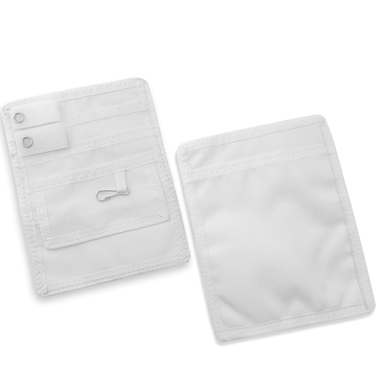 Two White fabric pouches displayed against a clean white background, showcasing both the front and back views for a clear look at design and detailing.