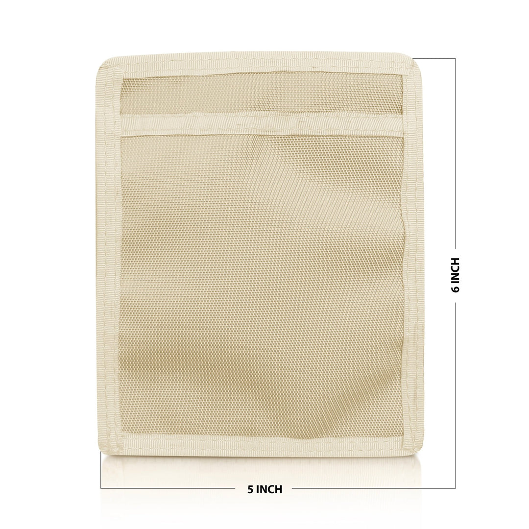 Off White pouch with mesh pocket and measurements on a white background