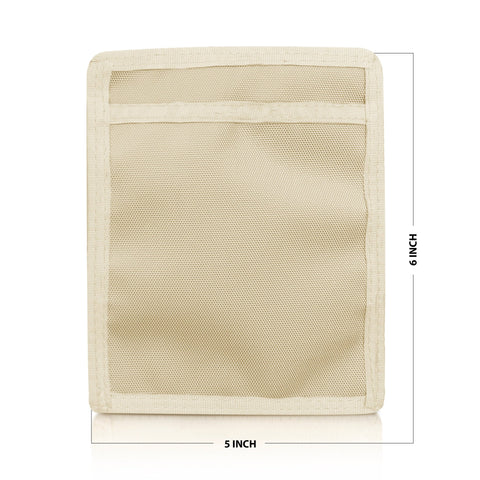 Off White pouch with mesh pocket and measurements on a white background