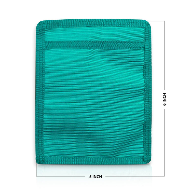 Green pouch with mesh pocket and measurements on a white background
