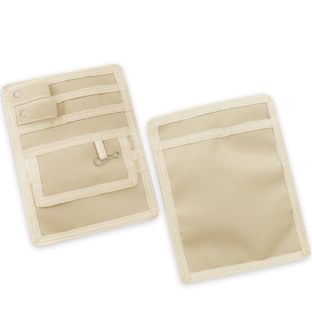 Two Off White fabric pouches displayed against a clean white background, showcasing both the front and back views for a clear look at design and detailing.
