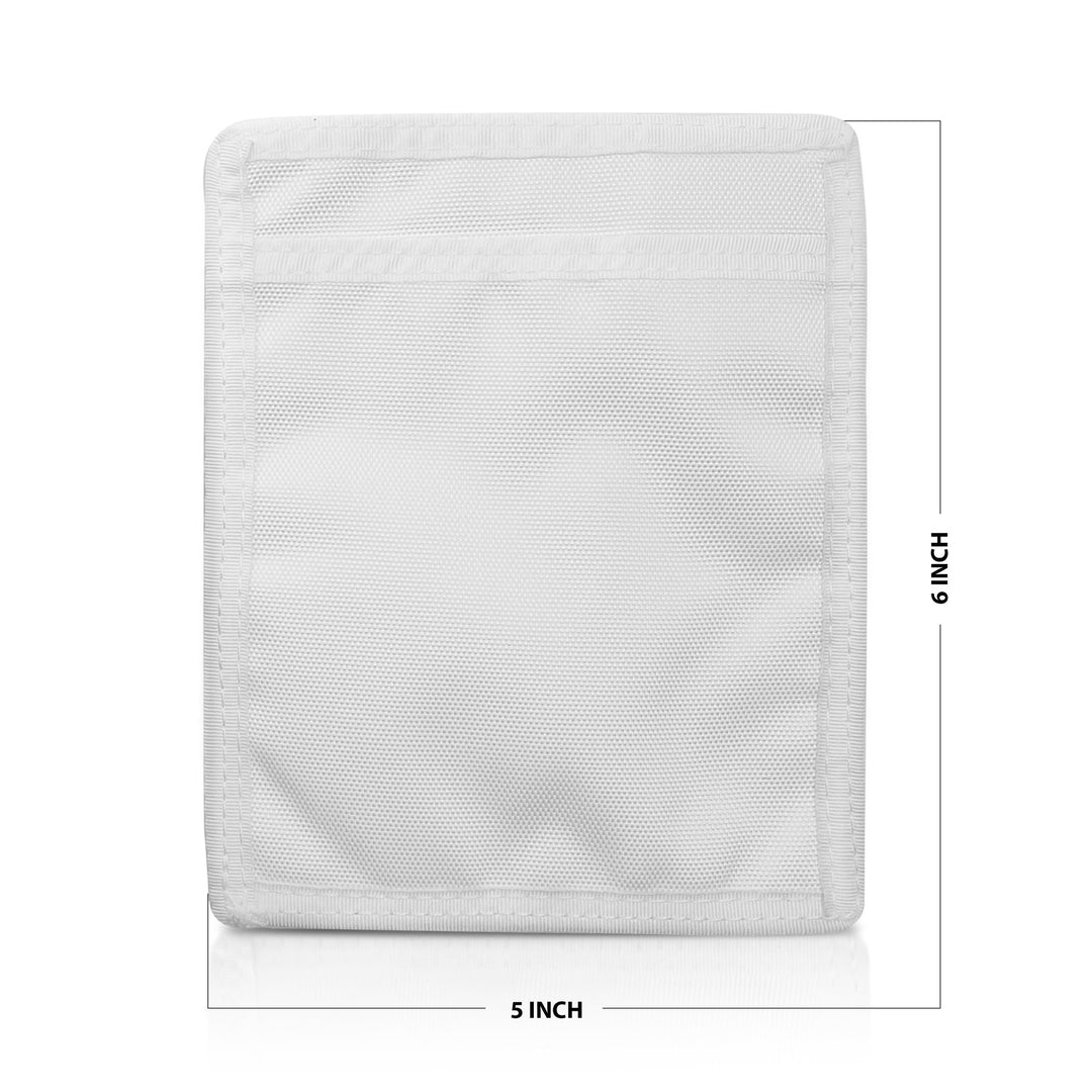 White pouch with mesh pocket and measurements on a white background