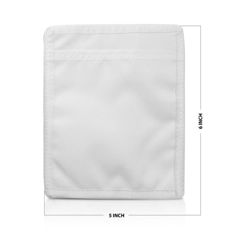 White pouch with mesh pocket and measurements on a white background