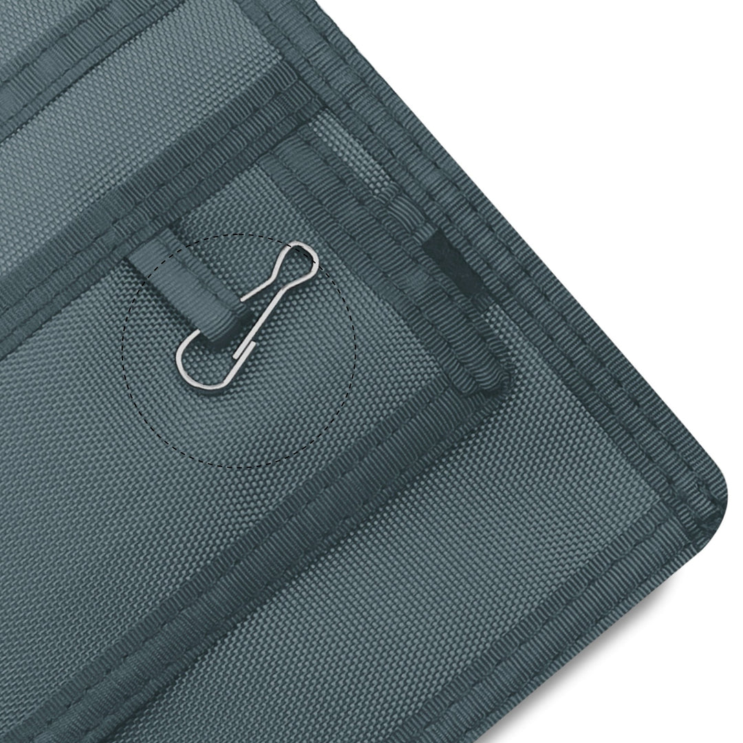 Close-up of a Gray fabric with a metal clip on a white background