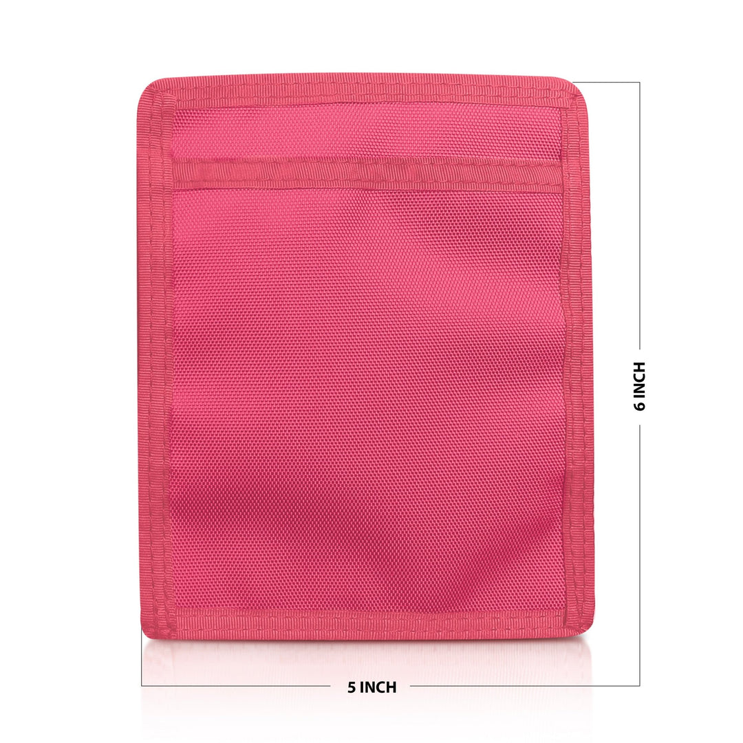 Hot Pink pouch with mesh pocket and measurements on a white background