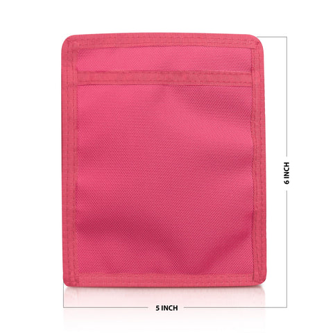 Hot Pink pouch with mesh pocket and measurements on a white background