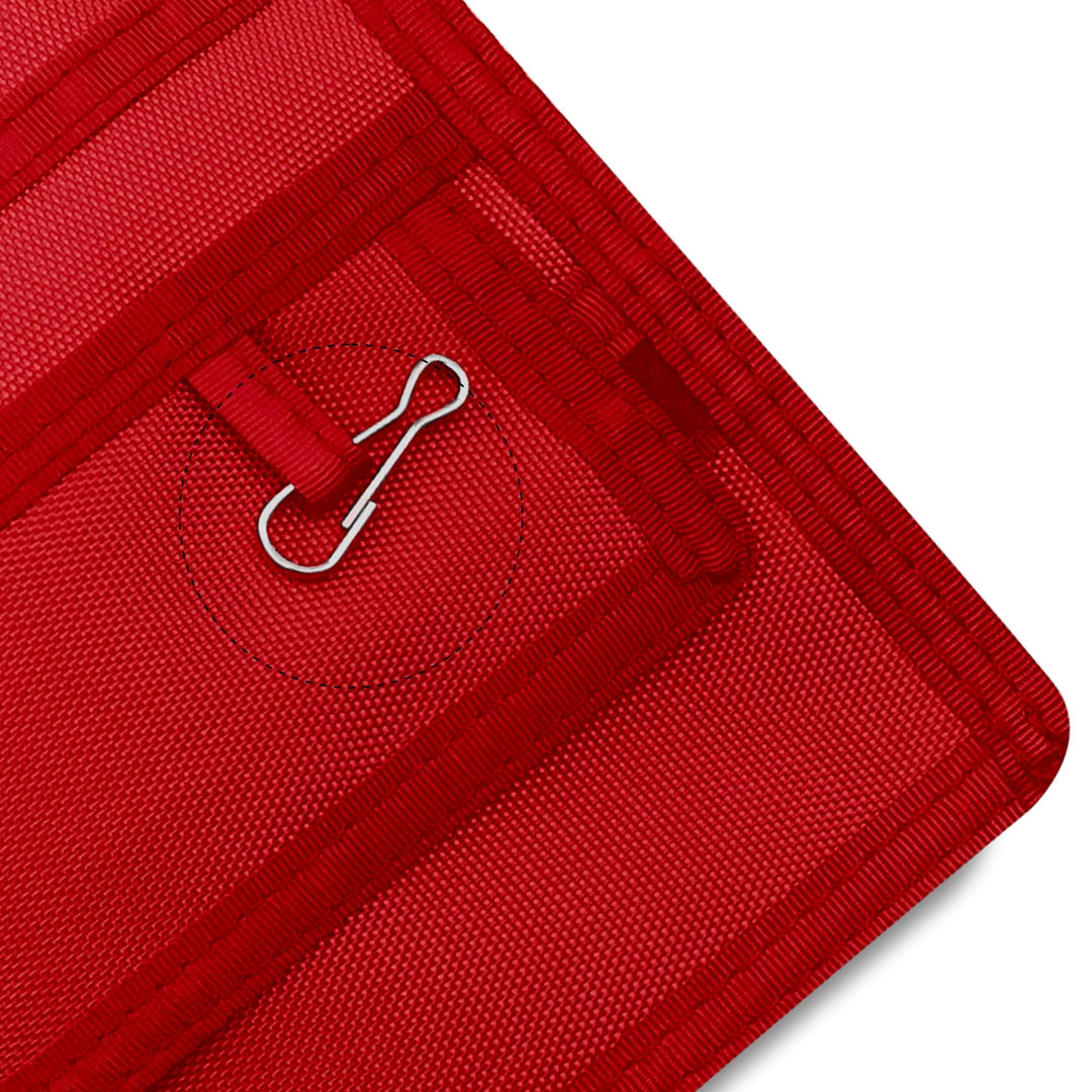 Close-up of a Red fabric with a metal clip on a white background