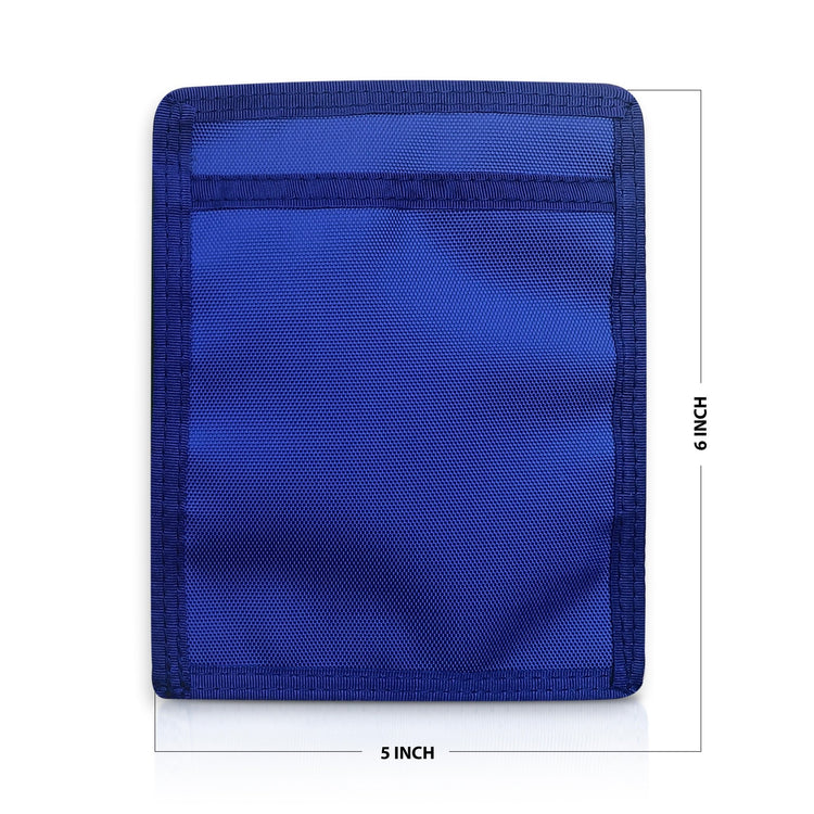 Blue pouch with mesh pocket and measurements on a white background
