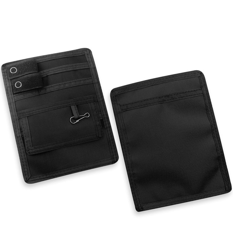 Two Black fabric pouches displayed against a clean white background, showcasing both the front and back views for a clear look at design and detailing.