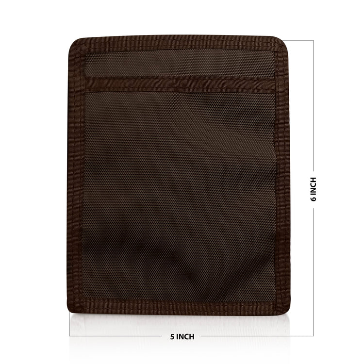 Brown pouch with mesh pocket and measurements on a white background