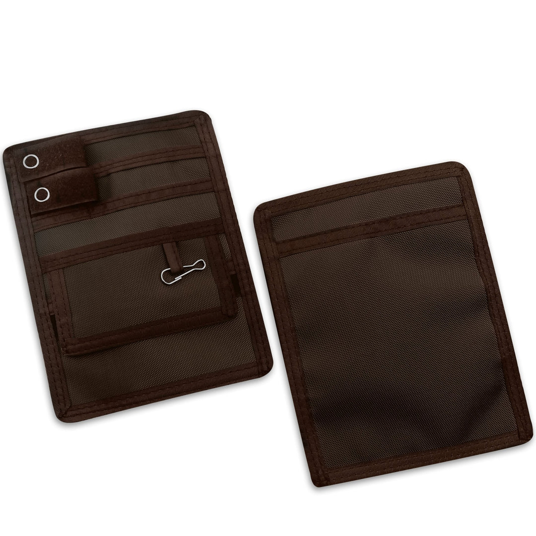 Two Brown fabric pouches displayed against a clean white background, showcasing both the front and back views for a clear look at design and detailing.