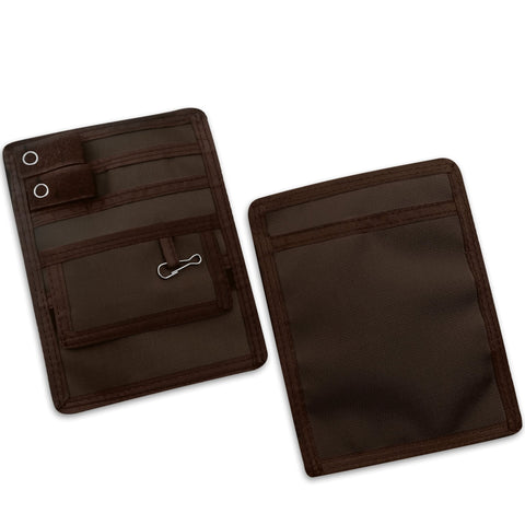 Two Brown fabric pouches displayed against a clean white background, showcasing both the front and back views for a clear look at design and detailing.