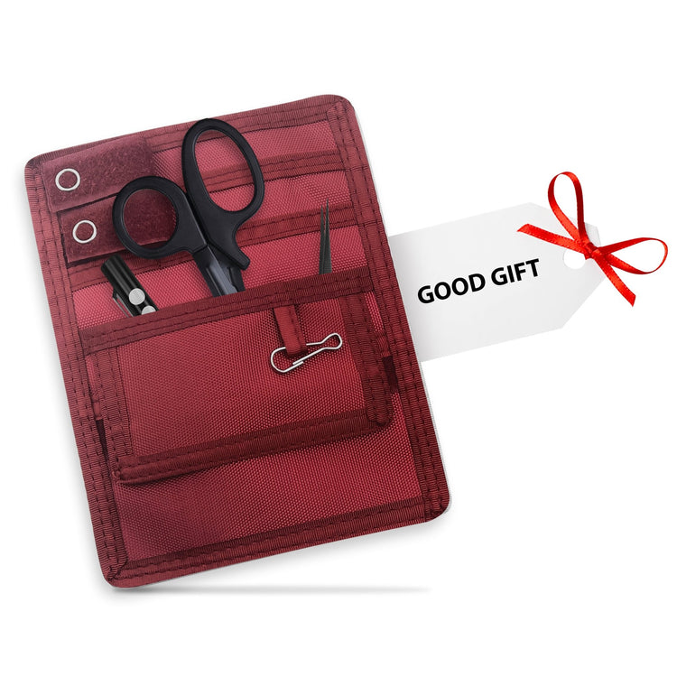 Burgundy tool pouch with scissors, pliers, and a clip, accompanied by a 'Good Gift' tag.