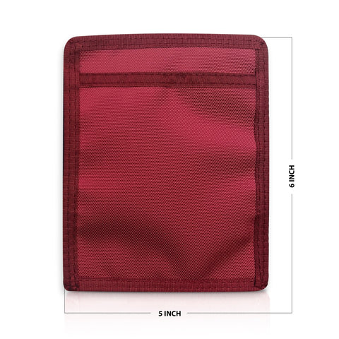 Burgundy pouch with mesh pocket and measurements on a white background