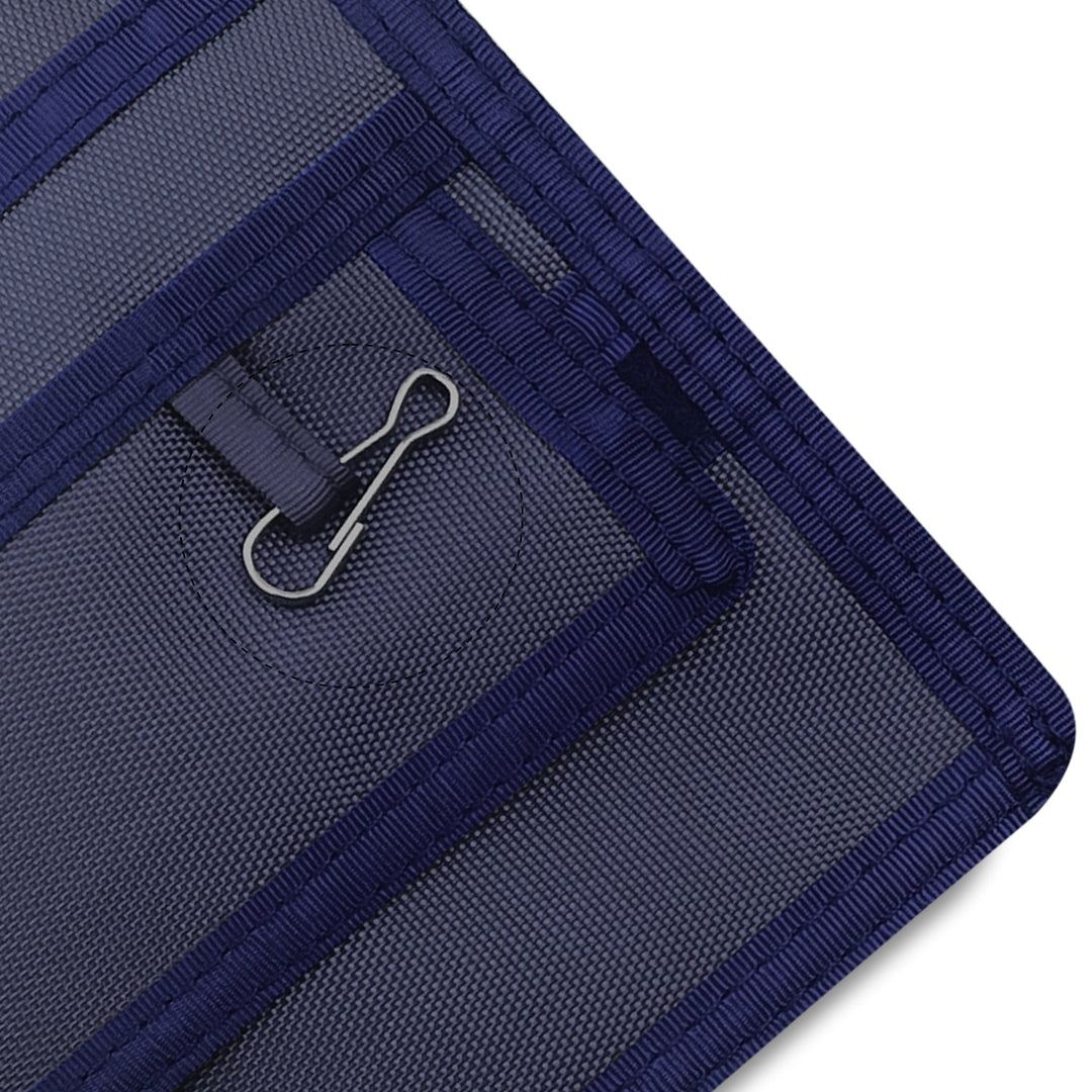 Close-up of a Navy Blue fabric with a metal clip on a white background
